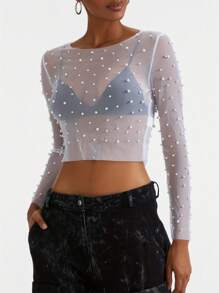 Women T-Shirt, Long Sleeve Crew Neck See-Through Pearls Slim Fit Ladies Tops For Club Party - White - View 1