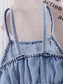 Baby Girl Denim Jumpsuit With Bow Decor, Backless Design, Waist Cinched, Shorts Style