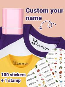 1pc Stamp+100 Name Stickers- Custom Name Stamp For Kids Clothing Waterproof Back To School Supplies For Kids,The Name Stamp Personalized For Clothes ,Handwritten Signature Stamp,Personalized Clothing Stamps For Clothes, DIY Customized Cartoon Self Inking Name Seal Stamp For Business Use Back To School Supplies Student Stationery Gift - Pink - View 1