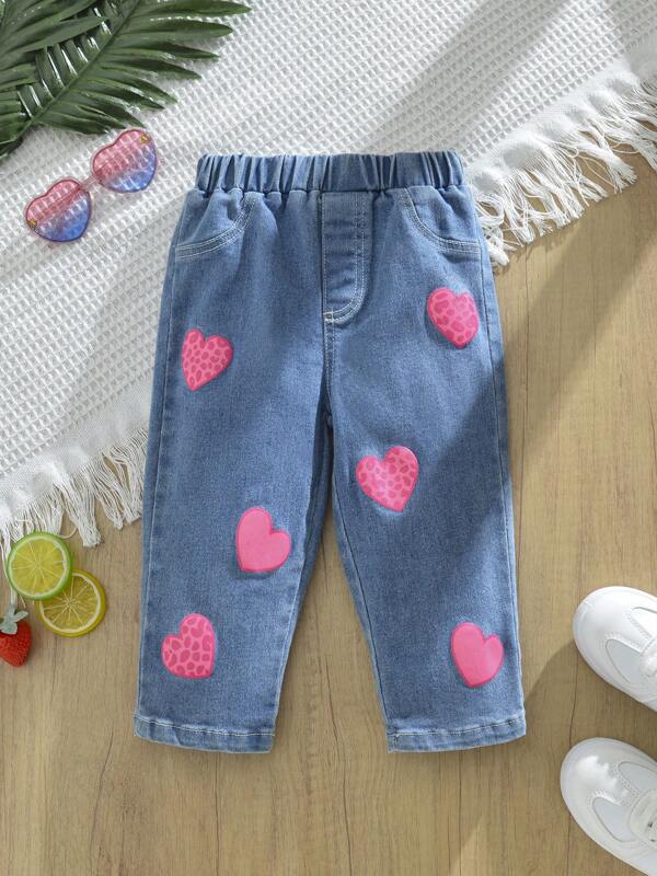 Toddler Girls Elastic Waist Butterfly Print Loose Fit Casual Denim Cotton Pants, Versatile Gift Idea For Daily Wear, All Season