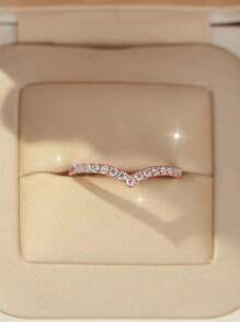 2 pièces Ensemble de bagues de mariage en or rose minimaliste en forme de V avec faux moissanite, bagues de fiançailles pour couple pour un port quotidien - Or rose - Voir 7