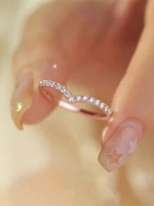 2 pièces Ensemble de bagues de mariage en or rose minimaliste en forme de V avec faux moissanite, bagues de fiançailles pour couple pour un port quotidien - Or rose - Voir 5
