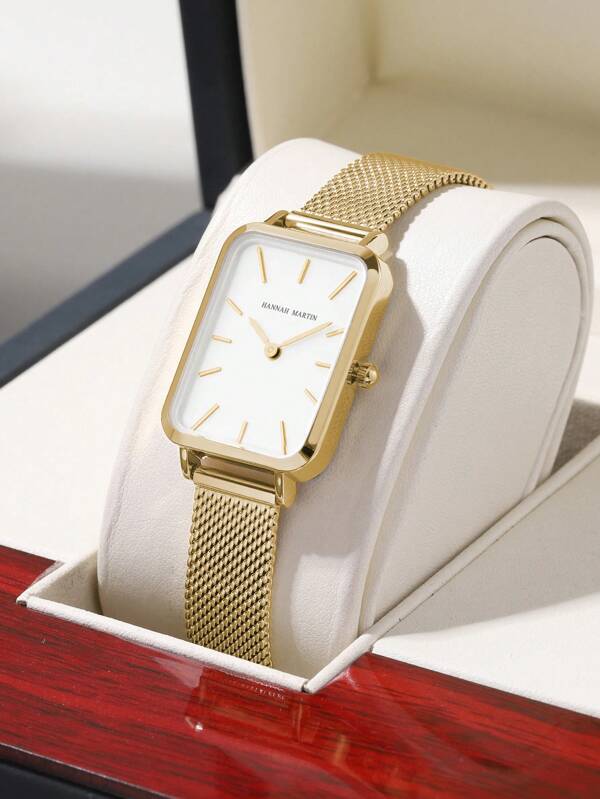 HANNAH MARTIN 1 PIEZA Reloj cuadrado de moda de 34 mm en oro rosa, plateado, dorado y negro, estilo minimalista con movimiento original importado de Japón, correa de malla de acero inoxidable, reloj casual de muñeca para mujer