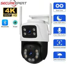 Telecamera di sicurezza intelligente 8MP 4K, Ultra HD, doppio obiettivo, visione a 360°, resistente agli agenti atmosferici, visione notturna, allarme vocale, rilevamento intrusioni per la sicurezza di tutta la casa e il monitoraggio esterno