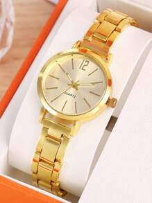 1set Stainless Steel Band Quartz Watch With Simple Dial + 6pcs Jewelry Set For Girl, Fashion - Gold - View 3