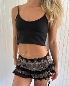 Women Mini Short Skirt Low Waisted Leopard Print Ruffle Lace Edge Fashion Short Skirt - Black - View 4