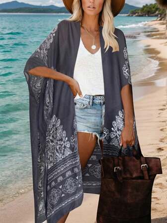 Beautiful Nomad 女士花卉印花和服罩衫休闲外套，日常穿着，适合夏季海滩度假