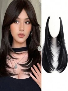 女士假发四夹一体式分层接发（18-28 英寸）合成发 V 形长直夹入式接发日常派对装饰，深棕色