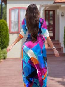 SANOPY Dresses For Women,Wedding Guest Dresses For Women,Women's V-Neck Three-Quarter Sleeve Tie Pocket Print Dress - 紫色 - 查看 4