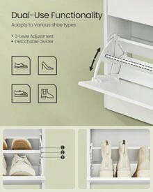 VASAGLE Shoe Cabinet 2 Flip Doors, 3 Tier Shoe Rack, With 1 Open Compartment, Adjustable And Removable Divider, For 11-16 Pairs Shoes, For Narrow Entrance, 24 X 80 X 102 Cm, White - 白色 - 查看 5