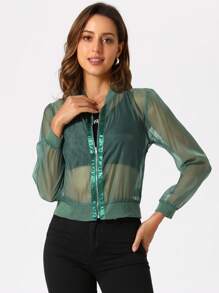 Women's Mesh Sheer Jacket See Through Long Sleeve Zip Up Bomber Jacket - Green - View 4