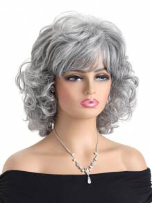 Women's Fluffy 10 Inch Fashionable Middle-Aged & Elderly Mom Short Curly Wig With Side Bangs, Natural White/Silver Grey