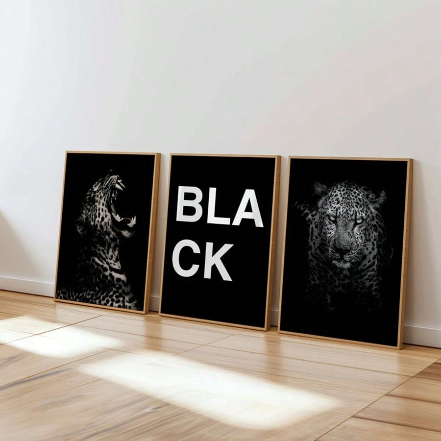 3 件奢华黑白墙艺术画野生豹帆布印刷画动物摄影时尚海报黑色美学装饰适用于卧室、客厅或办公室无框 - 彩色 - 查看 1