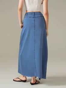 Womens Denim Wrap Long Skirt A-Line Hem Solid Color Button-Up Closure Casual Skirts - Royal Blue - View 7