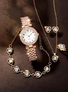 6-Pcs Set: Diamond Decor Casual Girls Quartz Watch & Jewelry Set - Rose Gold - View 1