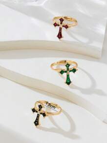 1pc Original  Faith Cross-Shaped Ring With Metal Inlay And Rhinestone Opening Design