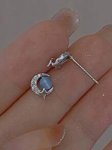 1 对蓝色猫眼石月亮和星星耳钉，适合女士，百搭而优雅 - 藍色 - 查看 4