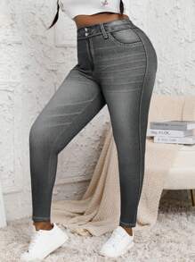 Plus Size Women Skinny Leggings, Full Body Denim Effect, High Stretch, Fashionable Casual Comfortable Sweatpants - Dark Grey - View 6