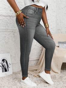 Plus Size Women Skinny Leggings, Full Body Denim Effect, High Stretch, Fashionable Casual Comfortable Sweatpants - Dark Grey - View 3