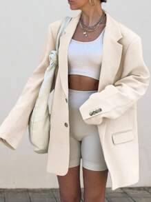 Chaqueta de trabajo de oficina de color liso con solapa extragrande y manga larga elegante e informal para mujer de LuxeLayers - Beis - Ver 1