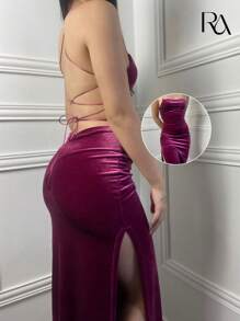 Vestido Longo de Veludo Com Fenda Lateral e Frente Única Com Amarração Nas Costas Tubinho Valoriza o Corpo e Bumbum - Festa, Aniversário, Casamento, Formatura, Eventos, Noite, Verão, Primavera