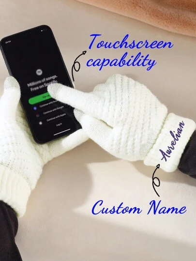 1 Pair Customizable Name Touchscreen Gloves, Women's Gift, Christmas Gift Idea, Finger Gloves, Winter Gloves Compatible With Smartphones, Embroidered Winter Gloves