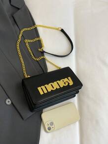 Women's Color Block Metal Letter Decor Chain Crossbody Accordion Style Handbag - View 3