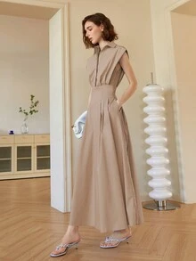 Vestido midi elegante de unicolor sin mangas para mujer, vestido con cuello estilo "Old Money", vestido elegante de primavera/verano, atuendos de verano para mujer, graduación, baile de graduación, casual de negocios - Caqui - Ver 4