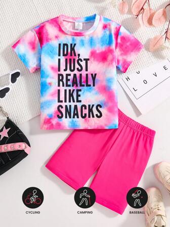 2 件/套幼儿女童夏季立领衬衫，数字字母印花针织短袖上衣+纯色短裤+背心 3 件，舒适透气女童运动套装