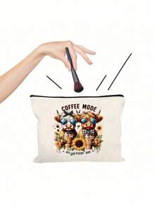 白色优雅高地牛主题化妆包卡通牛图案手提包及配套化妆包/零钱包，牛与向日葵图案，-轻盈无味的涤纶旅行洗漱包，高低牛配紫色花朵，适合自然爱好者和女性 - 彩色 - 查看 10