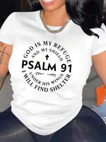女士休闲诗篇 91 图案 T 恤，信仰灵感白色短袖 T 恤，字母印花衬衫，舒适合身的服装