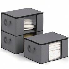 3 Pack 90L Large Clothes Storage Bags With Clear Window Collapsible Storage Bags With Lids Reinforced Handles For Organizing Clothes, Bedding, Blankets, Storage Boxes For Home Use (Black) - Grey - View 1