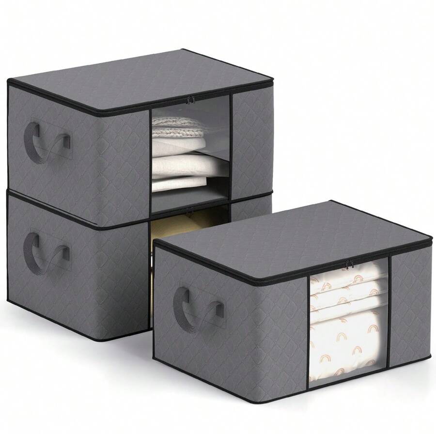 3 Pack 90L Large Clothes Storage Bags With Clear Window Collapsible Storage Bags With Lids Reinforced Handles For Organizing Clothes, Bedding, Blankets, Storage Boxes For Home Use (Black) - Grey - View 1