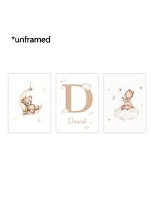 3 Stück Rahmenlose / Holzrahmen personalisierte Namenskunst Cartoon Bär Leinwandposter Mond Sterne Hintergrund Hängende Bilder Boho Wandkunst Mädchen Schlafzimmer Kinderzimmer Babyzimmer Wanddekoration Geschenk, Valentinstag, Valentinstag Dekoration, schimmelbeständig, stilvoll, niedlich, farbenfrohe Personalisierung, einzigartig, ideale Geschenke für sie, Freunde, Sohn, Tochter, Schüler, Mitarbeiter, Kinder Schule, Zuhause, Büro Abschluss, gemütlicher Sommer