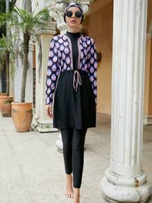 Women Muslim Swimwear Islamic Modest Swimsuit 3 Pieces Full Cover Hijab Long Sleeve Burkini Top Dress + Pants - Black - View 5