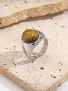 1 peça de cristal natural incrustado em aço inoxidável prateado, ágata, ágata verde, olho de tigre, anel de olho de gato sintético, adequado para presente de casal no dia dos namorados, uso diário para mulheres, mãe, mãe, dia das mães, presente