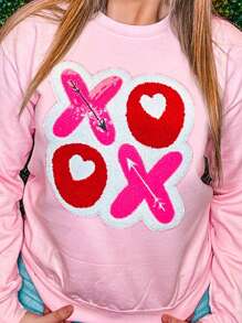 Womens Valentines Day Sweatshirts Long Sleeve Round Neck Letter Patchwork Pullovers Oversized Tops