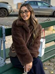 HH Women Casual Cropped Faux Fur Lapel Jacket Winter Fashion Shaggy Long Sleeve Warm Coat With Pockets - màu nâu - Xem 6