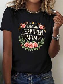 Camiseta 100% algodón "Madre Tervuren Belga" Camiseta sólida de mujer Cuello cómodo de tripulación Mangas cortas Elegante estampado floral Camiseta sólida - Negro - Ver 1