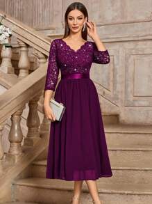 MIUSOL Elegant V-Neck Sequin Floral Lace Ruched Chiffon 3/4 Sleeve Evening Party Long Dress