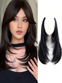 女士假发四夹一体式分层接发（18-28 英寸）合成发 V 形长直夹入式接发日常派对装饰，深棕色