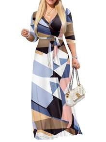 SANOPY Dresses For Women,Wedding Guest Dresses For Women,Women's V-Neck Three-Quarter Sleeve Tie Pocket Print Dress - 棕色 - 查看 2