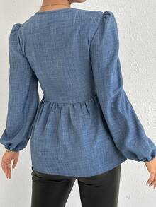 女士休闲纯色圆领灯笼袖前系带上衣，春秋装