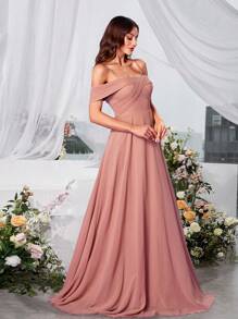 UNITHORSE One Shoulder Sleeveless Spraghetti Strapless Elegant Chiffon Maxi Bridesmaid Dress - Dusty Pink - View 3