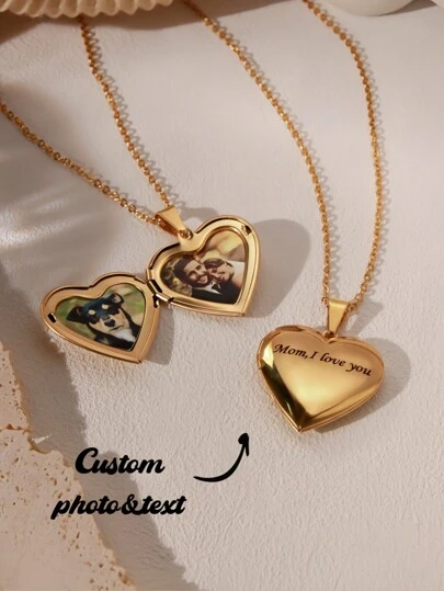 Personalized Heart-Shaped Photo Pendant Necklace, Customized Engraved Necklace, Customized Pet Photo Necklace, Customized Photo Pendant Necklace, Customized Personalized Love Photo Pendant Necklace, Engraved Photo Pendant Necklace, Anniversary Gift, Gift For Best Friend, Mother's Day Gift, Father's Day Gift, Couple Gift, Pet Memorial Gift, Forest Tone