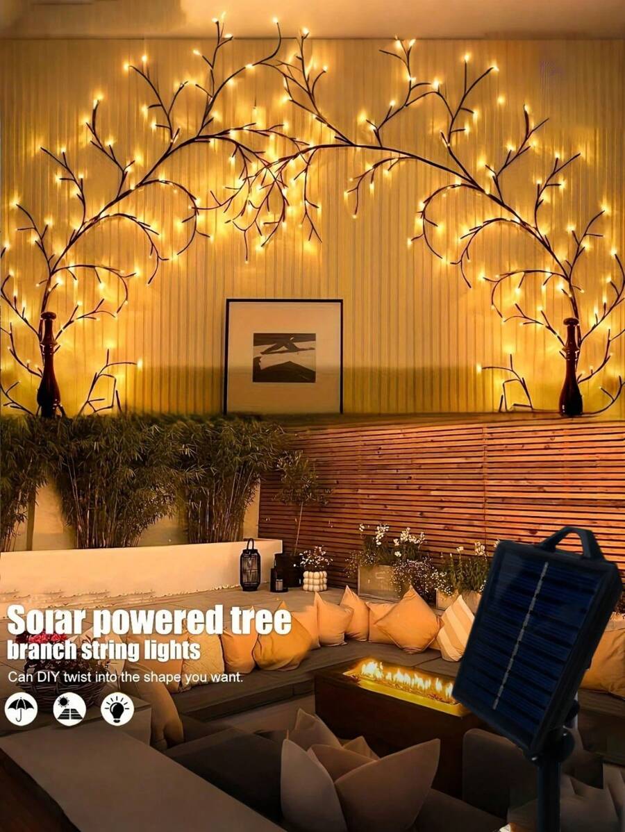 1 件太阳能藤条灯，96LED 人造树枝灯，带 8 种照明模式，适用于户外、庭院、露台、花园、情人节、露营、阳台墙壁装饰 - 棕色 - 查看 1