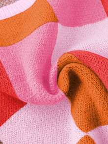 大码女装大码秋冬季彩色格子圆领时尚休闲有线毛衣大码套头针织毛衣背心 - 紅色 - 查看 4