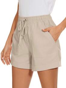 Women Casual Shorts Drawstring Comfy Elastic Waist Pant Summer Pull On Short With Pockets - Màu be - Xem 4
