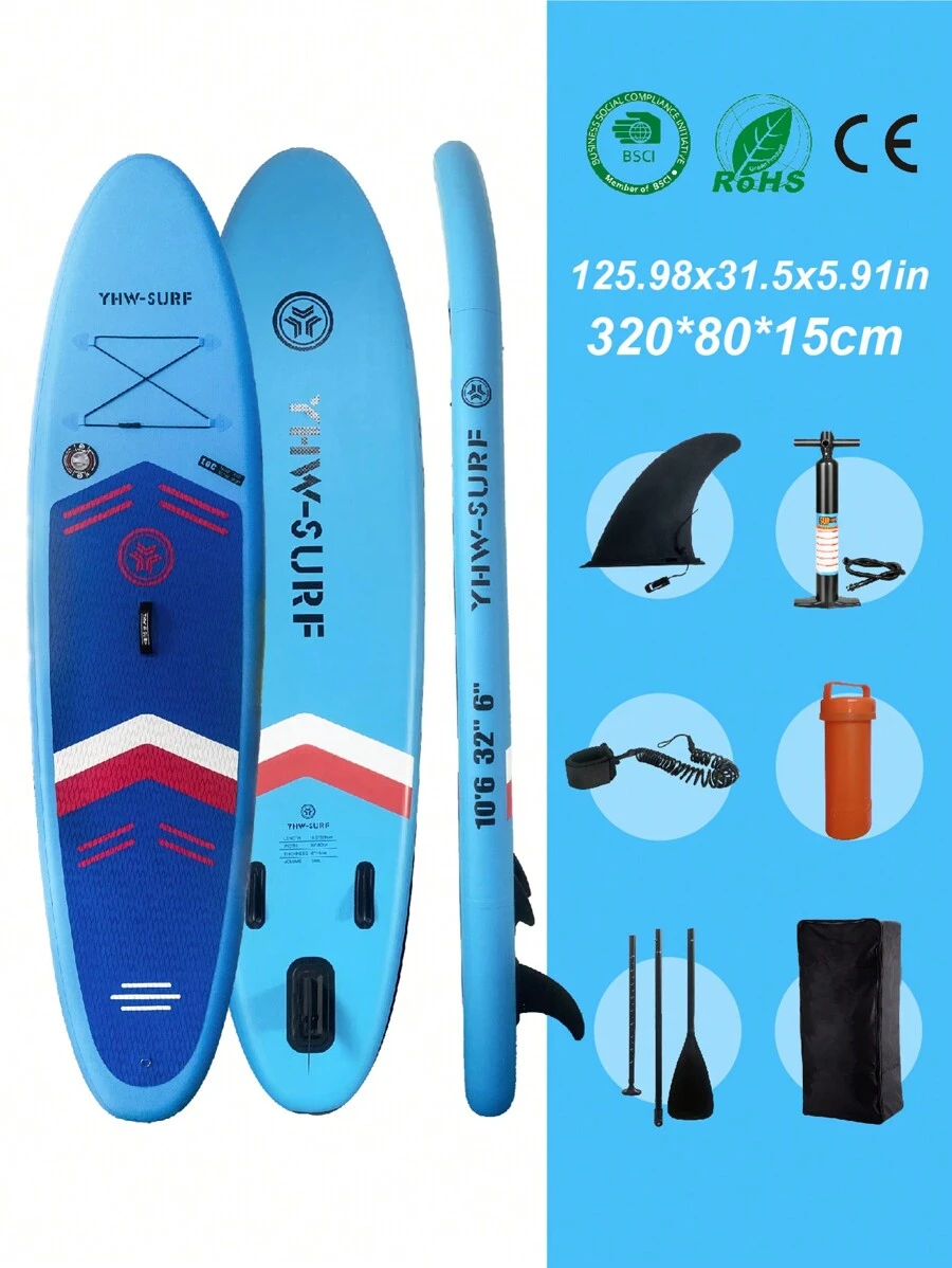 YHW-SURF 1 Set Blue Inflatable Stand Up Paddle Board, Includes Full Accessories: Hand Pump, Detachable Paddle, Leash, Backpack, Removable Fin And Repair Kit