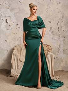 1 pezzo Abito in raso verde vintage di alta qualità con scialle, abito da sera elegante per feste, matrimoni e ospiti